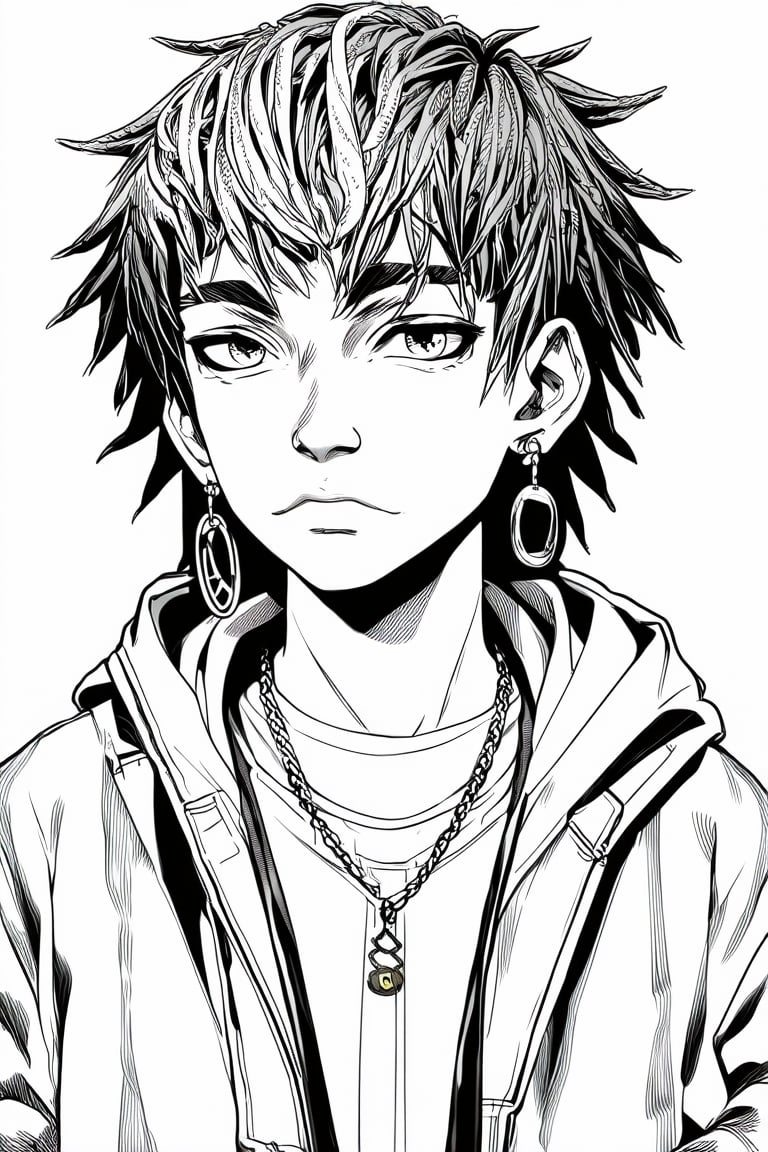 Manga style illustration, line art, pencil art, looking at viewer, short hair, 1boy, closed mouth, jewelry, jacket, monochrome, male focus, earrings, greyscale, hood, border, headphones, hood down, undercut, dreadlocks