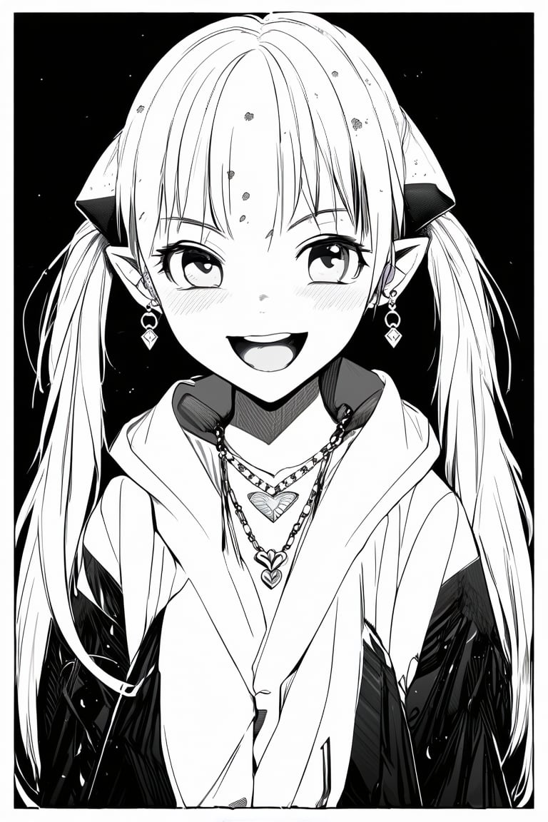 Manga style illustration, line art, pencil art, 1girl, looking at viewer, smile, open mouth, jewelry, twintails, upper body, monochrome, heart, earrings, greyscale, pointy ears, hood, necklace, collar, v, border, ring, freckles, double v