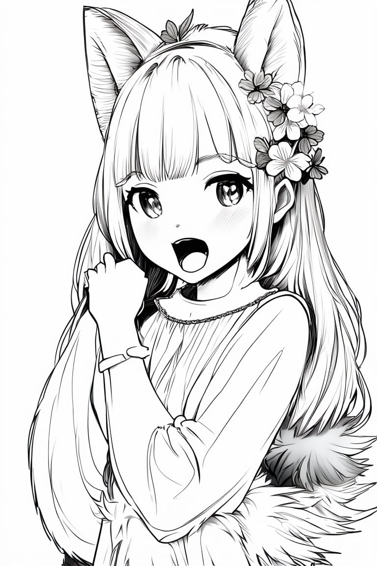 Manga style illustration, line art, pencil art, 1girl, looking at viewer, open mouth, simple background, hair ornament, white background, animal ears, tail, full body, monochrome, flower, greyscale, furry, animal hands, body fur, lineart