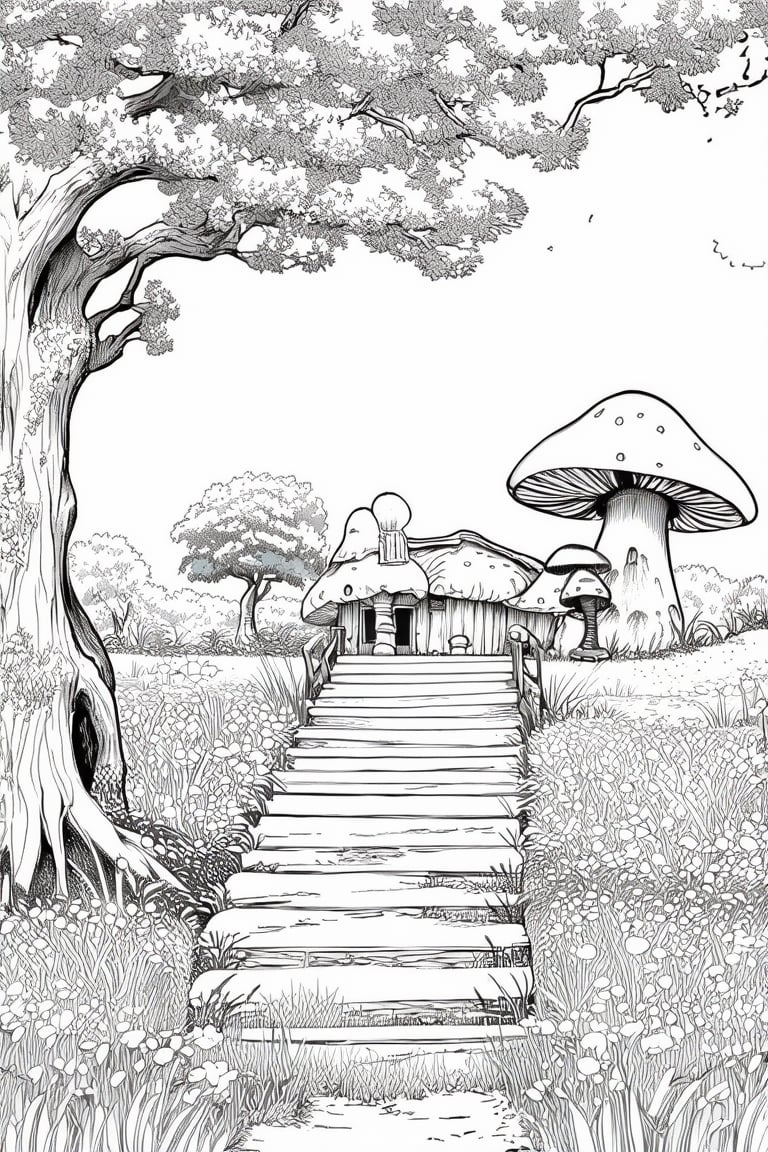 Manga style illustration, line art, pencil art, white background, monochrome, greyscale, tree, no humans, grass, stairs, house, mushroom