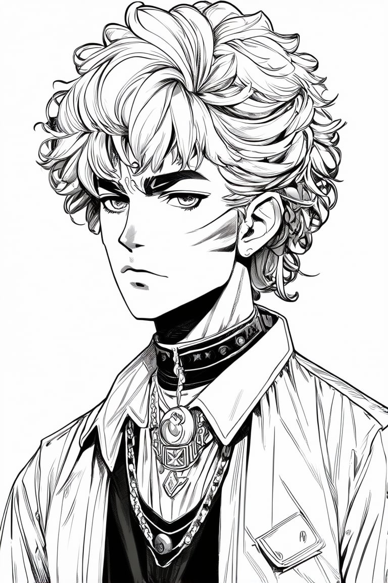 Manga style illustration, line art, pencil art, looking at viewer, simple background, shirt, 1boy, closed mouth, jewelry, upper body, monochrome, male focus, greyscale, necklace, caesar anthonio zeppeli