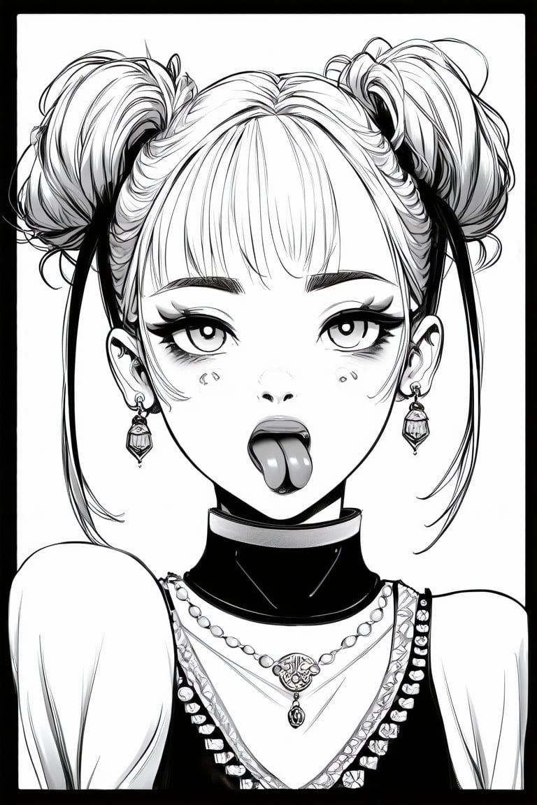 Manga style illustration, line art, pencil art, 1girl, looking at viewer, open mouth, jewelry, twintails, monochrome, earrings, greyscale, tongue, tongue out, hair bun, collar, double bun, makeup, border, piercing, ear piercing, eyeshadow, tongue piercing