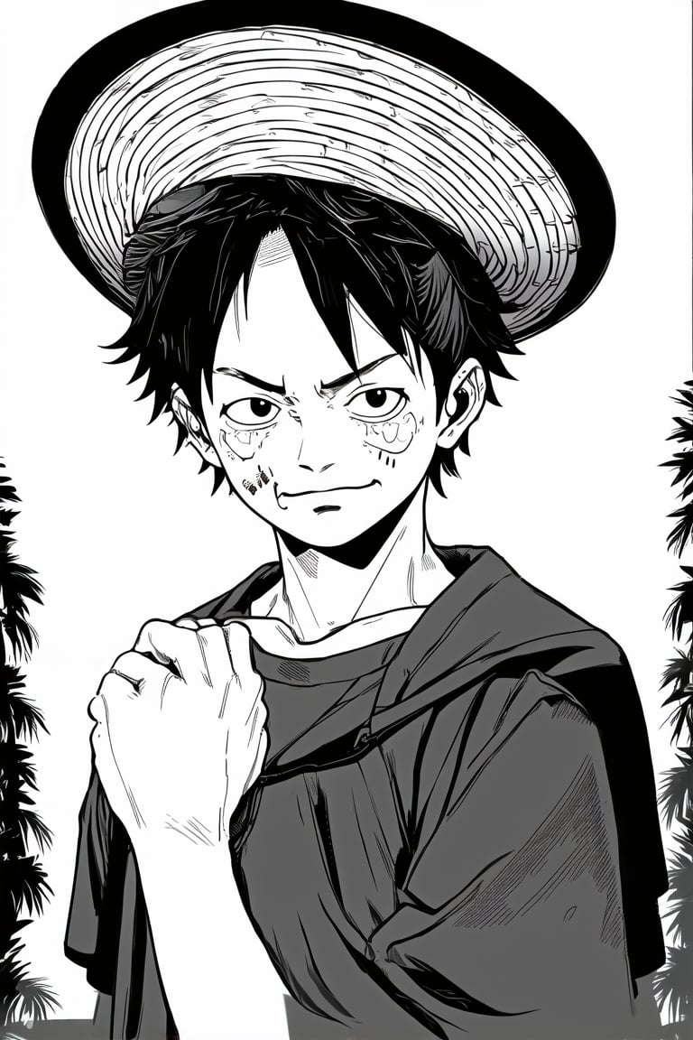 Manga style illustration, line art, pencil art, short hair, 1boy, hat, monochrome, male focus, greyscale, open clothes, scar, scar on face, straw hat, hand on headwear, monkey d. luffy