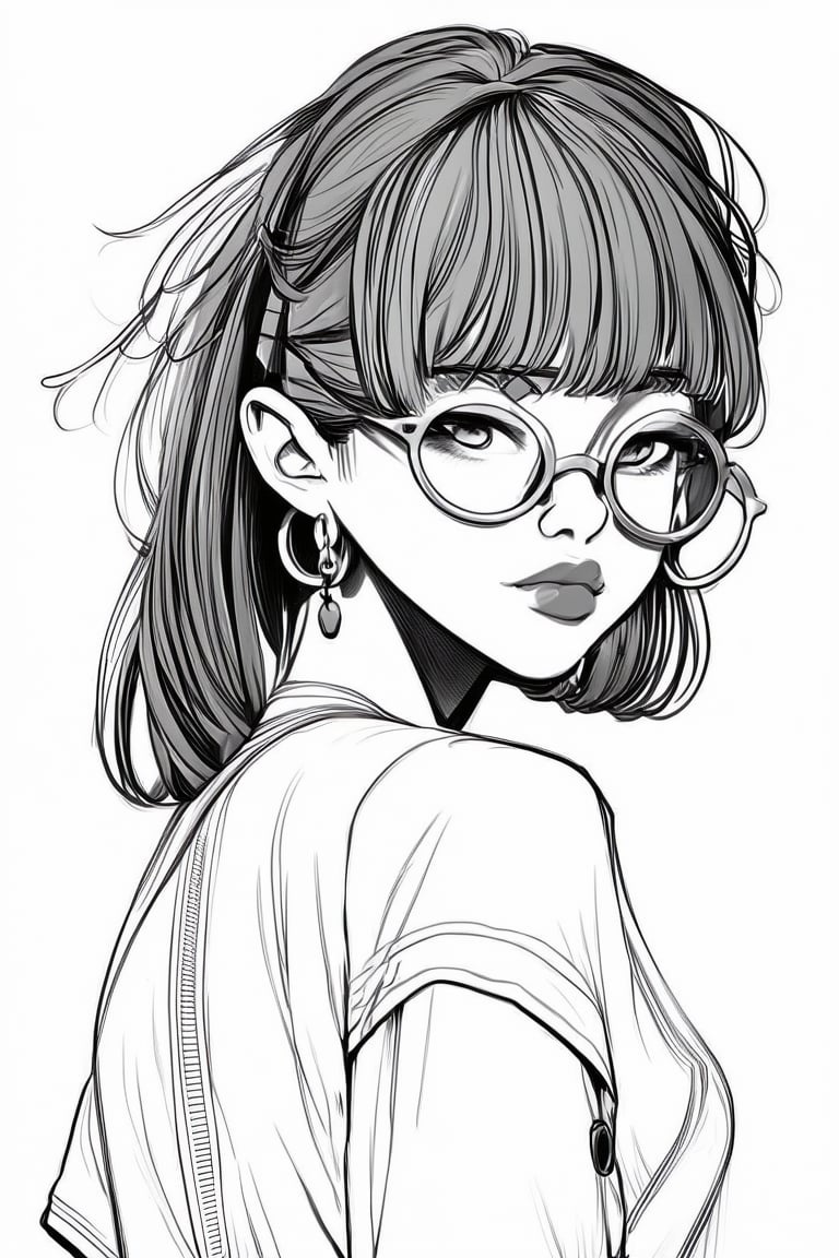 Manga style illustration, line art, pencil art, 1girl, looking at viewer, simple background, white background, jewelry, upper body, monochrome, short sleeves, earrings, greyscale, glasses, looking back, lips, thick eyebrows, round eyewear, hoop earrings