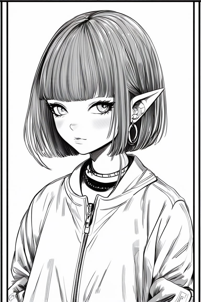 Manga style illustration, line art, pencil art, 1girl, looking at viewer, short hair, simple background, hair ornament, closed mouth, jewelry, jacket, upper body, monochrome, earrings, greyscale, pointy ears, blunt bangs, border, piercing, ear piercing, zipper, short eyebrows, hands in pockets, zipper pull tab