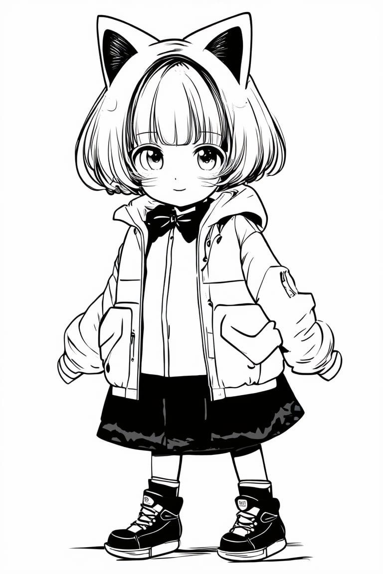 Manga style illustration, line art, pencil art, 1girl, looking at viewer, short hair, long sleeves, hair ornament, white background, bow, animal ears, closed mouth, standing, jacket, full body, monochrome, greyscale, shoes, socks, hood, cat ears, blunt bangs, fake animal ears, cat, sneakers, cat hair ornament, stuffed cat