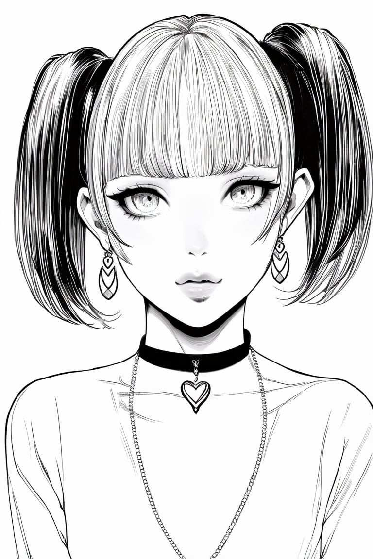 Manga style illustration, line art, pencil art, 1girl, looking at viewer, simple background, white background, jewelry, twintails, upper body, monochrome, heart, earrings, greyscale, choker, blunt bangs, eyelashes, makeup, piercing, ear piercing, heart earrings