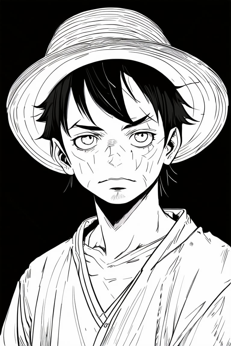 Manga style illustration, line art, pencil art, short hair, 1boy, hat, monochrome, male focus, greyscale, open clothes, scar, scar on face, straw hat, monkey d. luffy