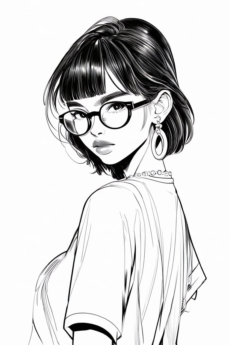 Manga style illustration, line art, pencil art, 1girl, looking at viewer, simple background, white background, jewelry, upper body, monochrome, short sleeves, earrings, greyscale, glasses, looking back, lips, thick eyebrows, round eyewear, hoop earrings