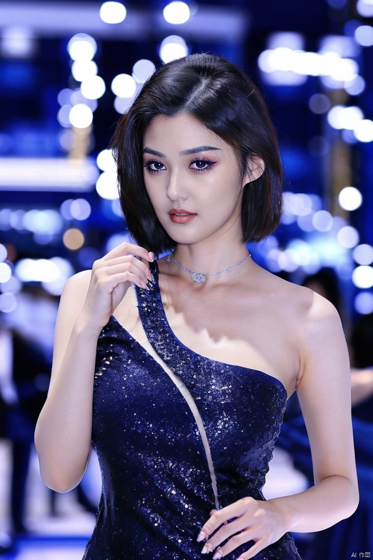 plns,cher,1girl,solo,asian,pretty,realistic, necklace, blurry, short hair, black eyes, realistic, navy one-shoulder dress, beaded dress,(masterpiece,realistic,best quality,highly detailed),