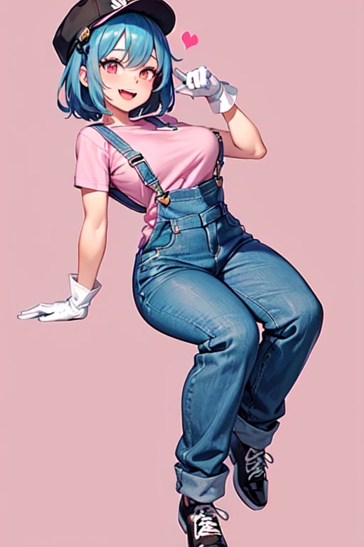 1girl, solo, breasts, looking at viewer, smile, short hair, open mouth, large breasts, shirt, gloves, hat, blue hair, full body, heart, shoes, socks, white gloves, signature, pink eyes, v, blue background, pink shirt, overalls,Pixel art,Pixel world,TwistedGrim,Emi