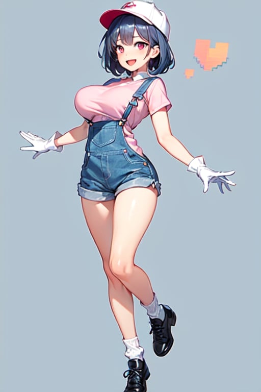 1girl, solo, breasts, looking at viewer, smile, short hair, open mouth, large breasts, shirt, gloves, hat, blue hair, full body, heart, shoes, socks, white gloves, signature, pink eyes, v, blue background, pink shirt, overalls,Pixel art,Pixel world,TwistedGrim,Emi