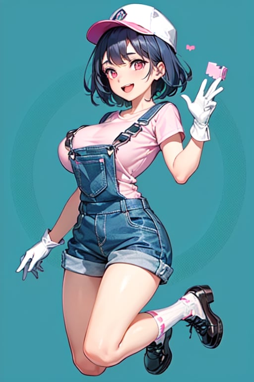 1girl, solo, breasts, looking at viewer, smile, short hair, open mouth, large breasts, shirt, gloves, hat, blue hair, full body, heart, shoes, socks, white gloves, signature, pink eyes, v, blue background, pink shirt, overalls,Pixel art,Pixel world,TwistedGrim,Emi