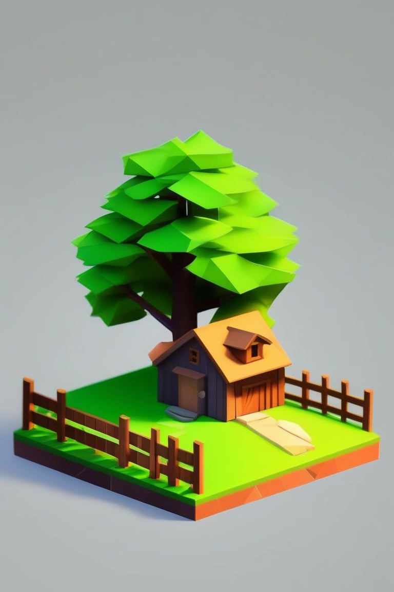 lopy, low poly, outdoors, tree, no humans, grass, fence, bush, farm house, grey background, simple background