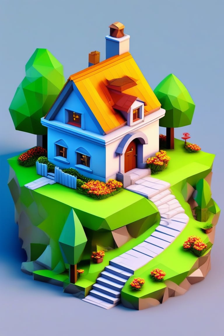 lopy, low poly, flower, outdoors, tree, no humans, window, blue background, grass, building, scenery, stairs, door, bush, house, path, chimney, grey background