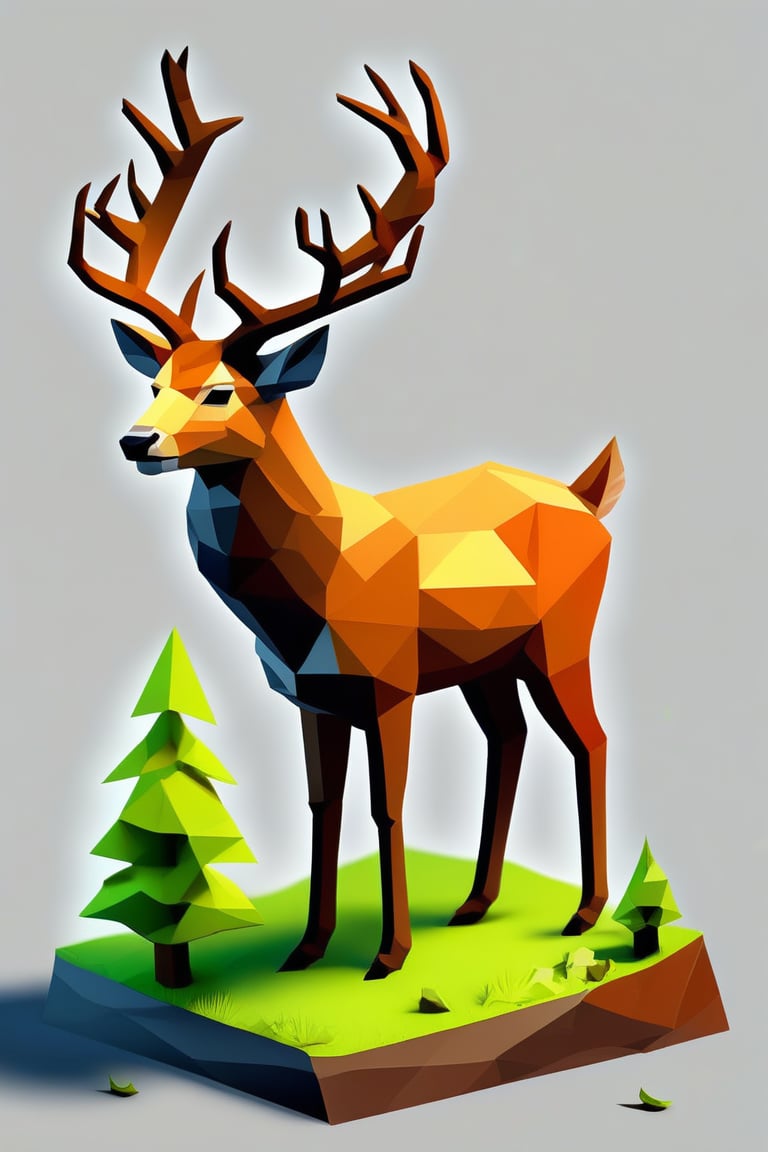 lopy, low poly, standing, outdoors, day, tree, no humans, grass, nature, rock, animal focus, deer, grey background