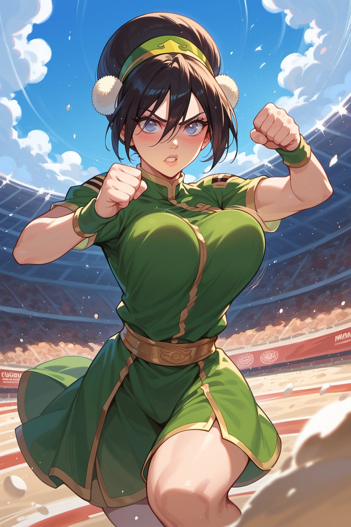 score_9, score_8_up, score_7_up, score_6_up, toph bei fong, solo. large breasts, bouncing breasts. full lip, fully clothed, [green|white]_dress, blush, long eyelashes. Fighting, cowboy shot. Colosseum, sand mountain background.