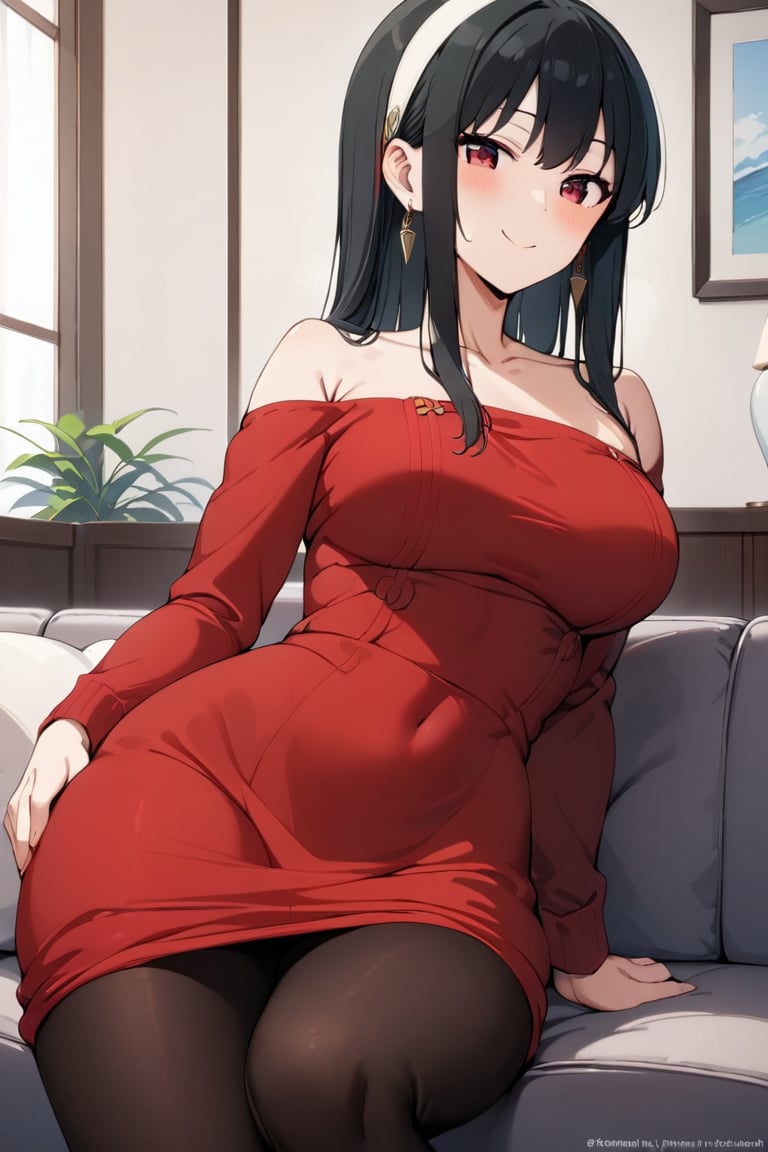 Chill out  , Red dress , pantyhose ,  living room , at home , Smile , sitting  on couch , 
 ( masterpiece , ultra Detailed   ) ,
Red eye, black hair, sidelocks , rolled up back hair    , hair band  , long sleeve , tight dress , earrings , bare neck , 