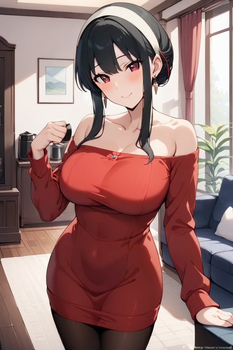  Brewing coffee , Red dress , pantyhose ,  living room , at home , Smile , 
 ( masterpiece , ultra Detailed   ) ,
Red eye, black hair, sidelocks , rolled up back hair    , hair band  , long sleeve , tight dress , earrings , 