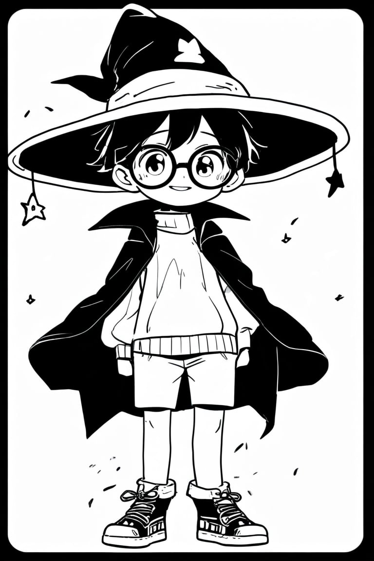 Manga style illustration, line art, pencil art, looking at viewer, blush, smile, short hair, 1boy, hat, full body, monochrome, male focus, greyscale, shorts, glasses, coat, sweater, witch hat, round eyewear