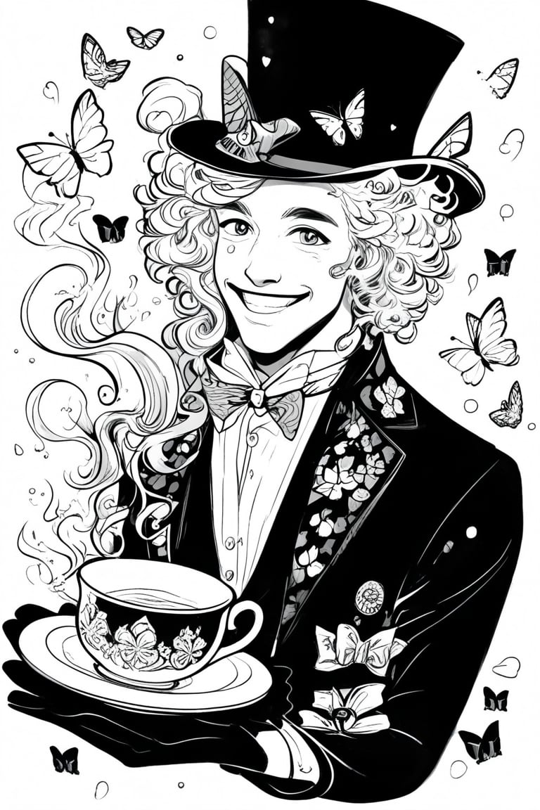 Manga style illustration, line art, pencil art, smile, 1boy, hat, bow, monochrome, male focus, greyscale, cup, facial hair, scar, bug, butterfly, curly hair, teacup, top hat, tea