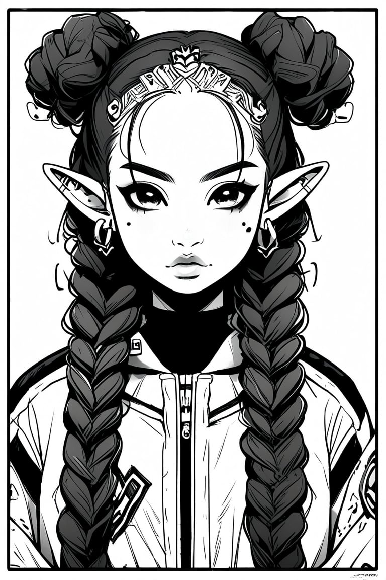 Manga style illustration, line art, pencil art, 1girl, long hair, looking at viewer, white background, closed mouth, jewelry, jacket, upper body, monochrome, braid, heart, earrings, greyscale, pointy ears, hair bun, twin braids, eyelashes, double bun, border, piercing, facial mark, thick eyebrows, ear piercing