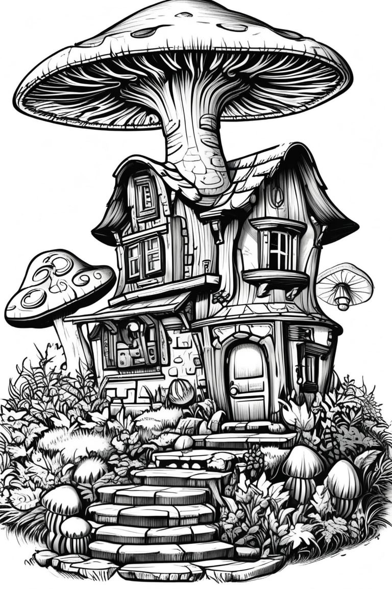 Manga style illustration, line art, pencil art, white background, monochrome, greyscale, tree, no humans, grass, stairs, house, mushroom