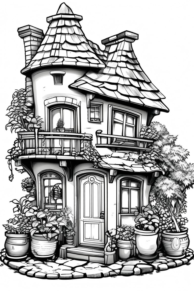 Manga style illustration, line art, pencil art, white background, monochrome, greyscale, tree, no humans, window, plant, door, basket, potted plant, bush, house, chimney