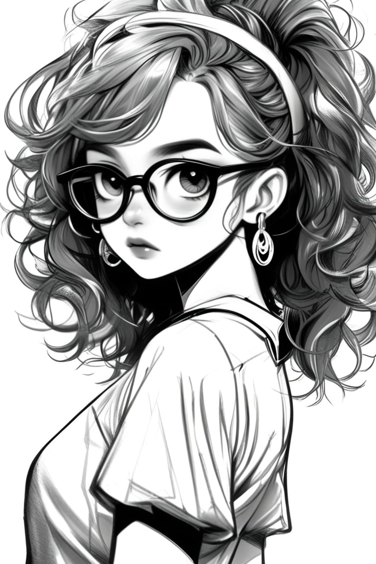 Manga style illustration, line art, pencil art, 1girl, looking at viewer, simple background, white background, jewelry, upper body, monochrome, short sleeves, earrings, greyscale, glasses, looking back, lips, thick eyebrows, round eyewear, hoop earrings