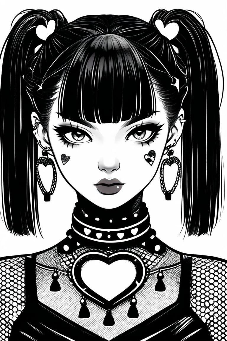 Manga style illustration, line art, pencil art, 1girl, looking at viewer, simple background, white background, jewelry, twintails, upper body, monochrome, heart, earrings, greyscale, choker, blunt bangs, eyelashes, makeup, piercing, ear piercing, heart earrings