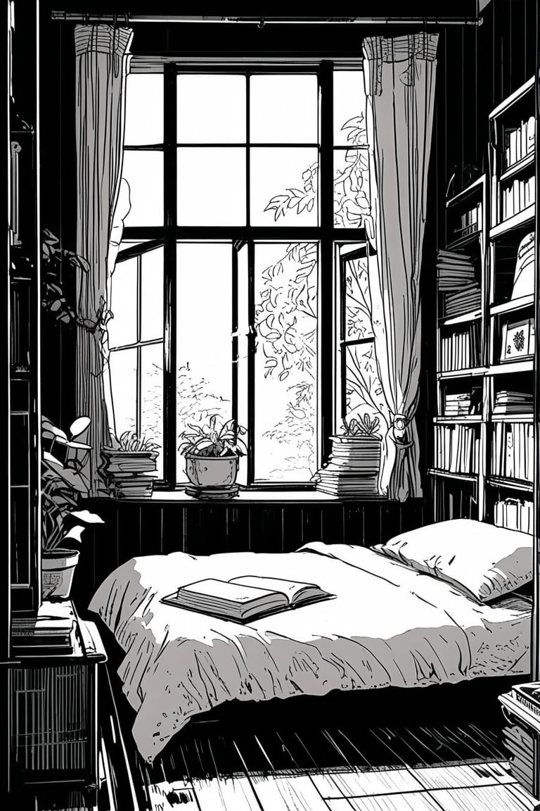 Manga style illustration, line art, pencil art, monochrome, greyscale, indoors, pillow, book, no humans, window, bed, plant, curtains, scenery, wooden floor, open book, bedroom