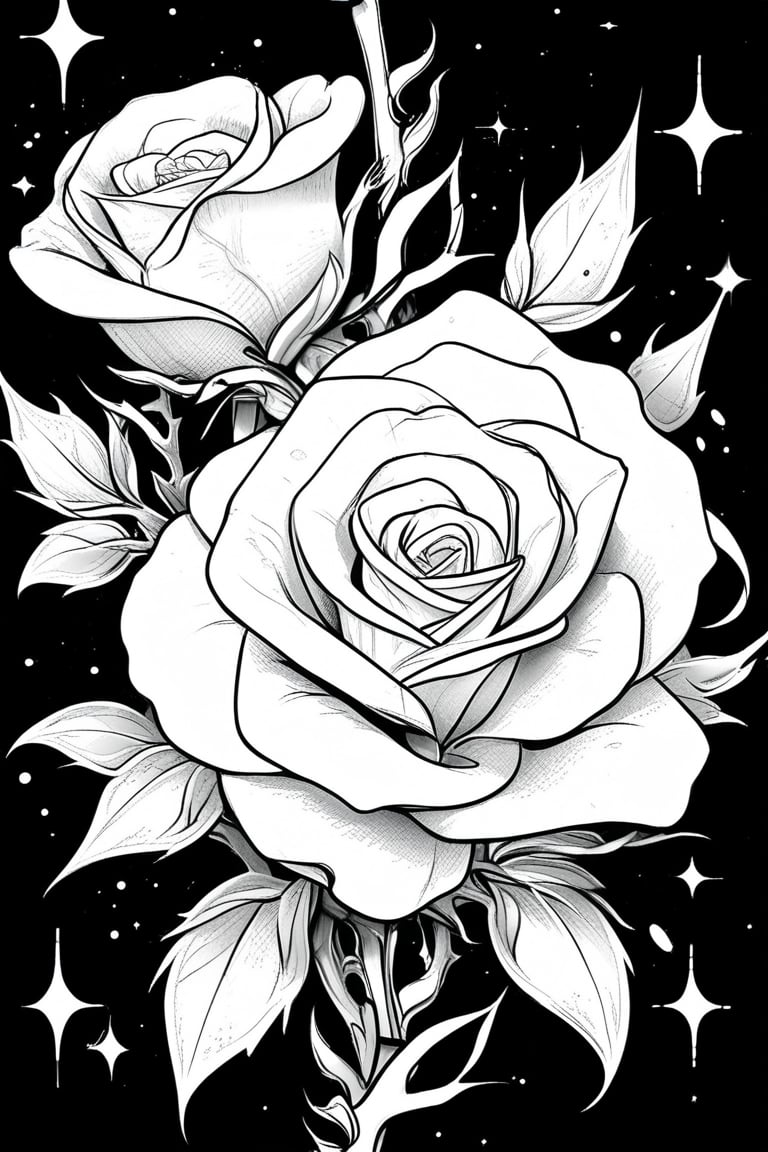 Manga style illustration, line art, pencil art, white background, monochrome, flower, comic, greyscale, sparkle, no humans, rose, leaf, plant, thorns