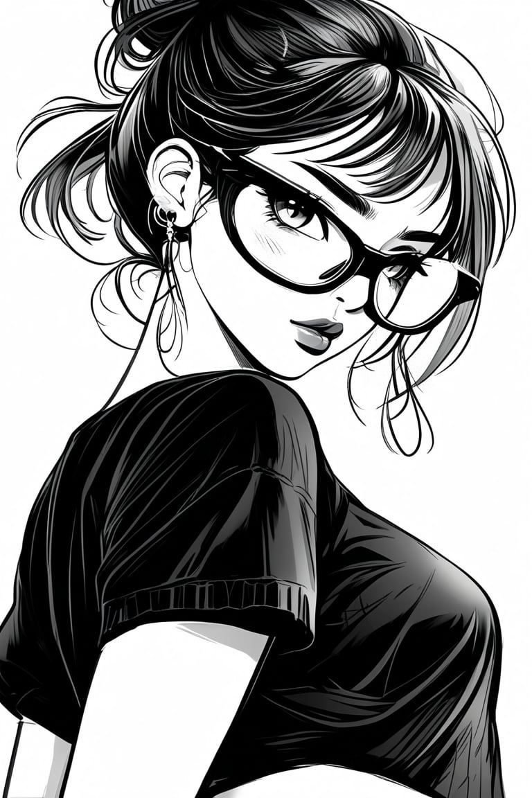 Manga style illustration, line art, pencil art, 1girl, looking at viewer, simple background, white background, jewelry, upper body, monochrome, short sleeves, earrings, greyscale, glasses, looking back, lips, thick eyebrows, round eyewear, hoop earrings