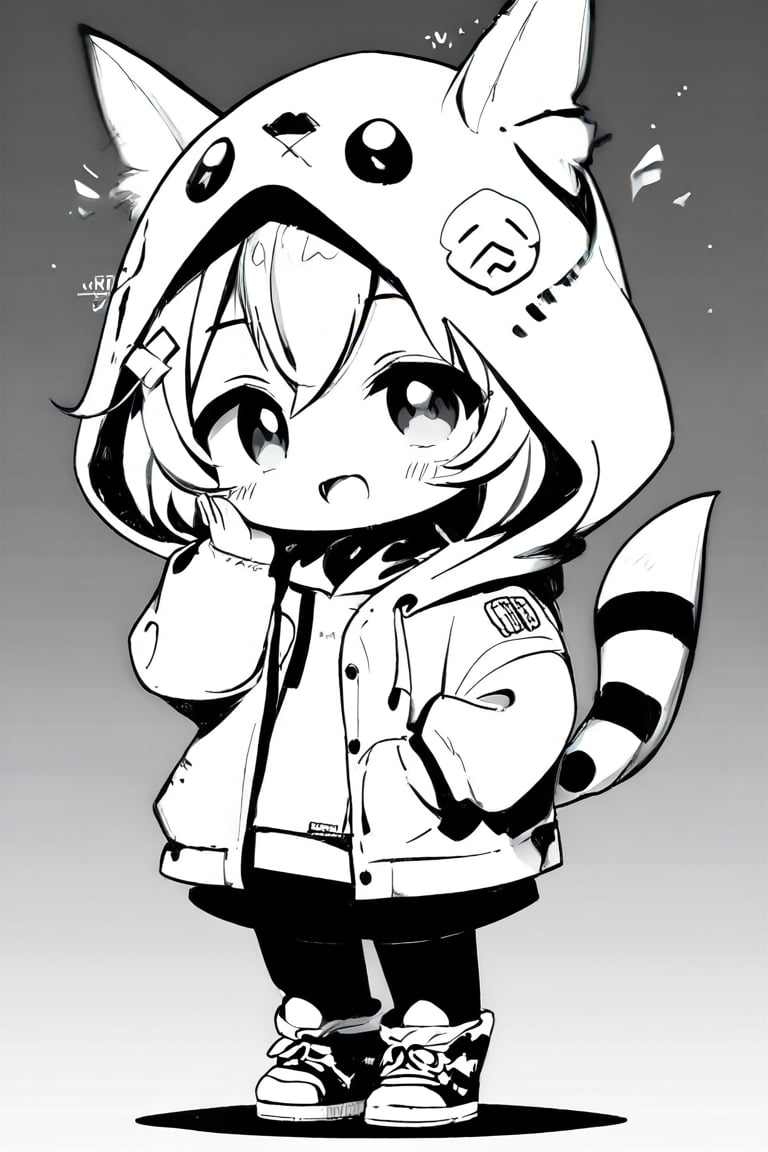 Manga style illustration, line art, pencil art, 1girl, looking at viewer, blush, simple background, shirt, long sleeves, white background, animal ears, hair between eyes, standing, jacket, tail, full body, monochrome, greyscale, puffy sleeves, fang, hand up, hood, chibi, fake animal ears, thick eyebrows, flying sweatdrops, hooded jacket, skin fang, puffy long sleeves, hood up, hand in pocket, animal hood, short eyebrows, drawstring, chinese zodiac, tiger ears, tiger print, tiger tail, tiger girl, year of the tiger