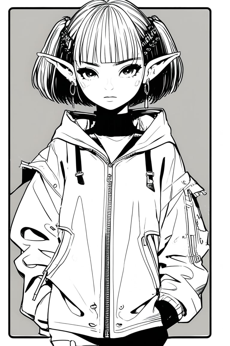 Manga style illustration, line art, pencil art, 1girl, looking at viewer, short hair, simple background, hair ornament, closed mouth, jewelry, jacket, upper body, monochrome, earrings, greyscale, pointy ears, blunt bangs, border, piercing, ear piercing, zipper, short eyebrows, hands in pockets, zipper pull tab