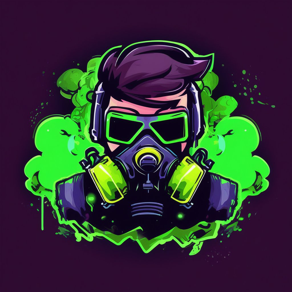 gaming logo design, an illustration of a man in a gas mask with neon green smoke coming out of his mouth and hands