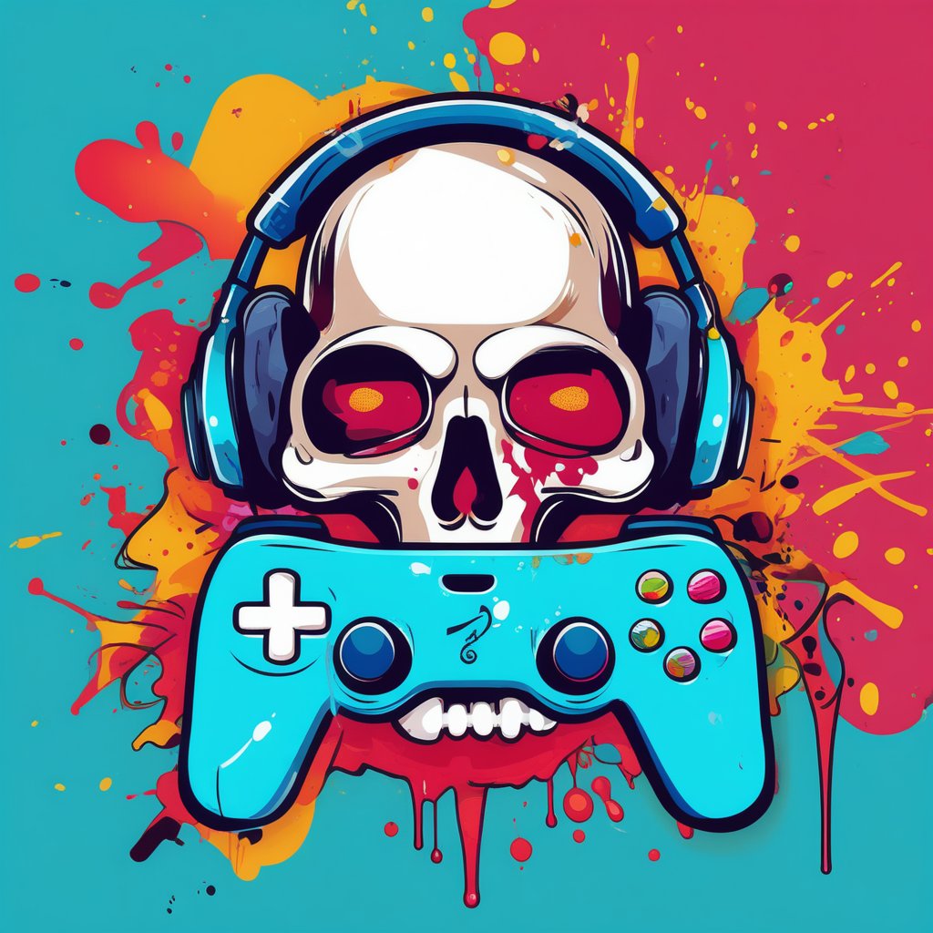 gaming logo design,  an illustration of a skull with headphones and a video game controller in front of a colorful paint splatter background