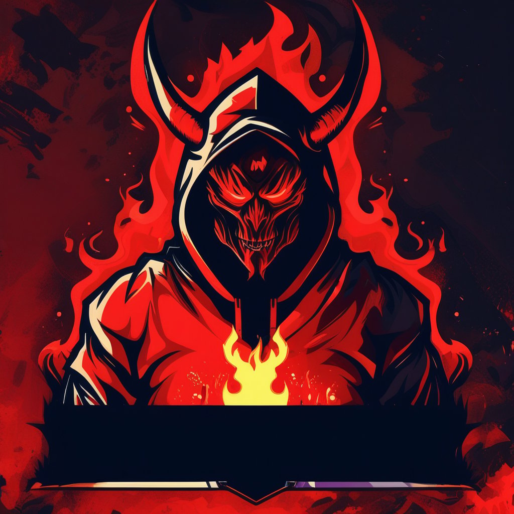 gaming logo design,  an image of a demon in a hoodie on a red and black background with flames coming out of it