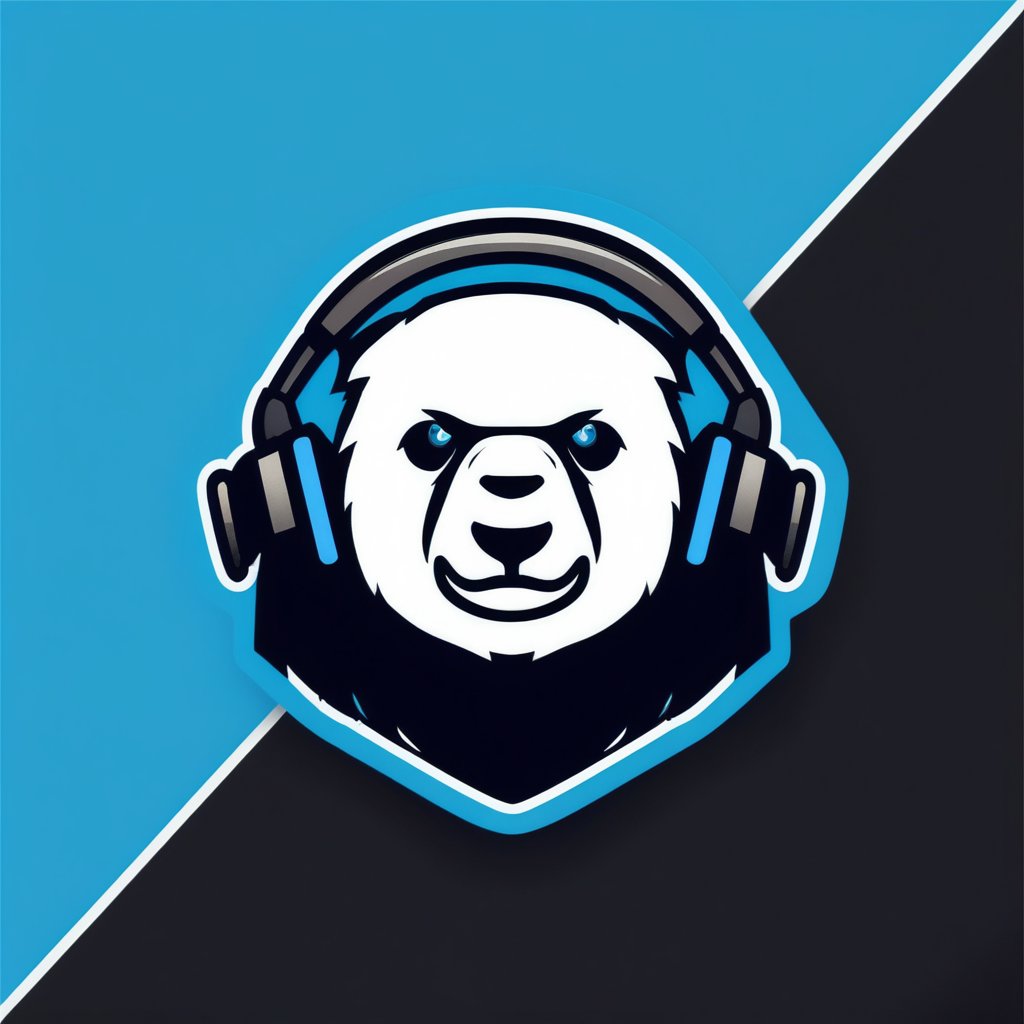 gaming logo design,  a panda bear wearing headphones on a blue and black background