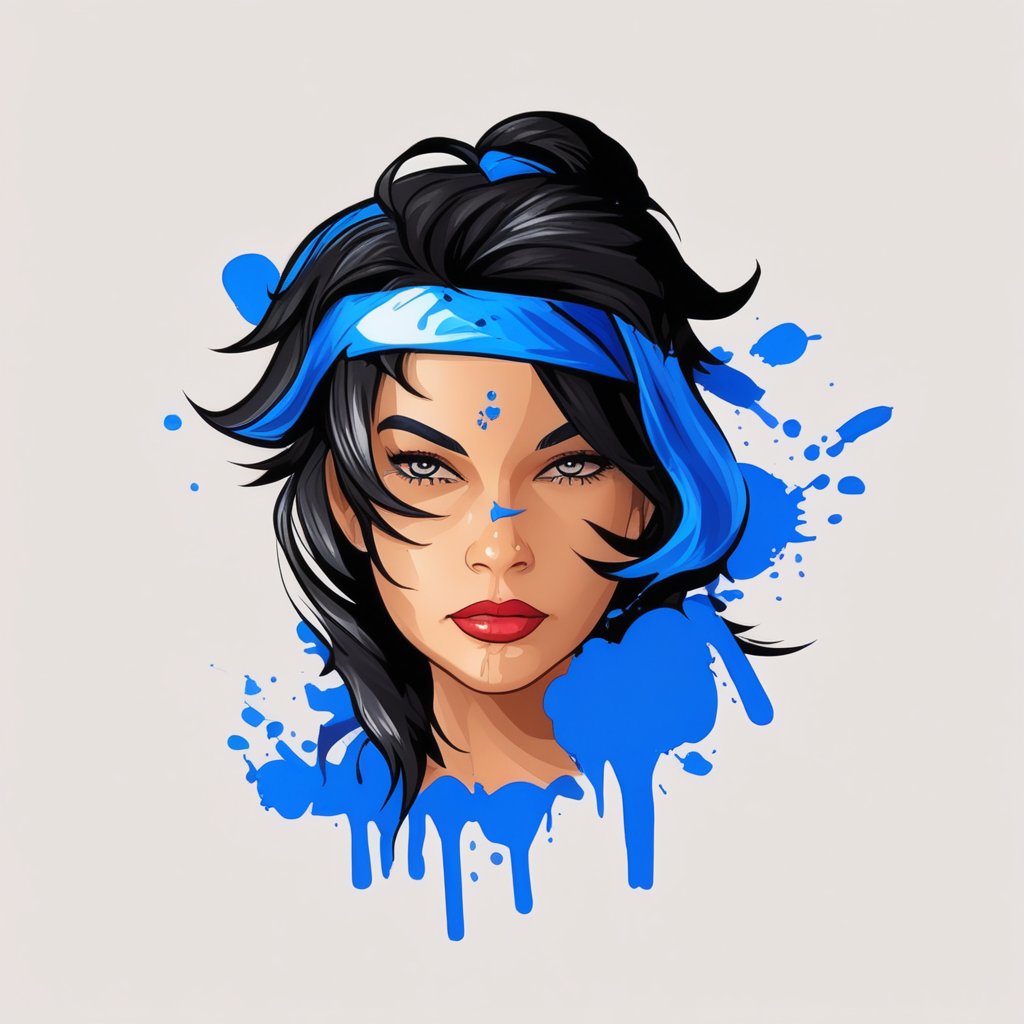 gaming logo design,  an illustration of a woman with black hair and blue paint on her face, wearing a blue headband