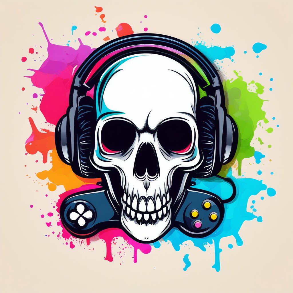 gaming logo design,  an illustration of a skull with headphones and a video game controller in front of a colorful paint splatter background