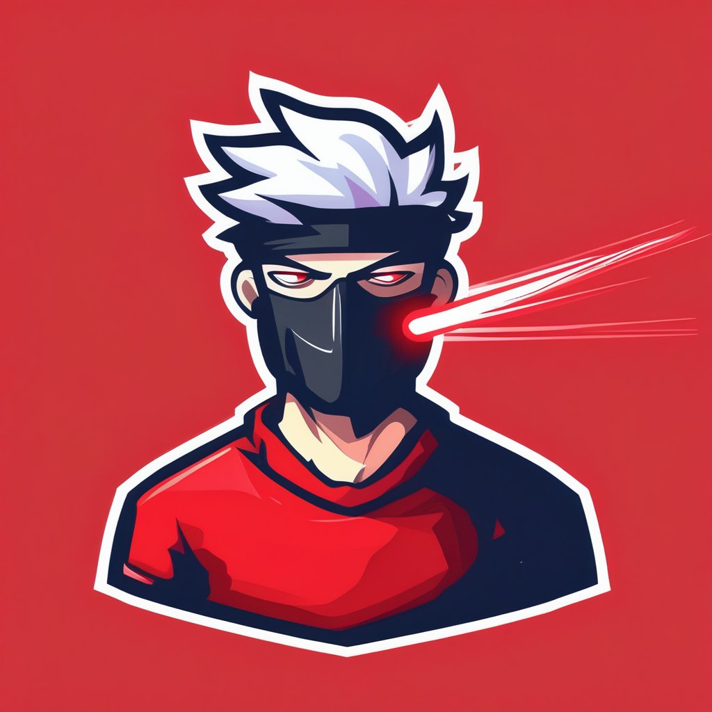 gaming logo design,  a man in a red shirt with a mask on his face and a red light coming out of his mouth