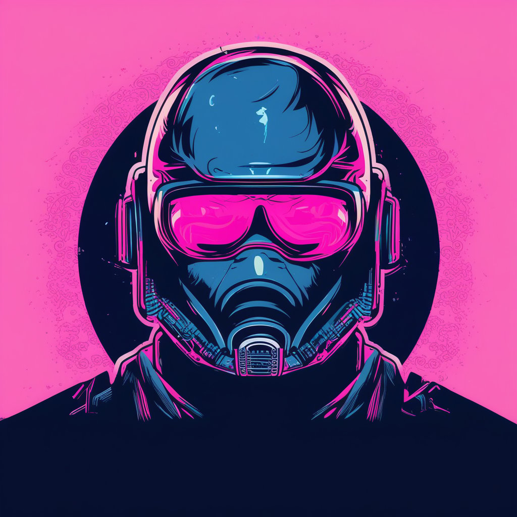 gaming logo design,  the poster for guardians of the galaxy has a man wearing a helmet and glasses in front of a purple and pink background