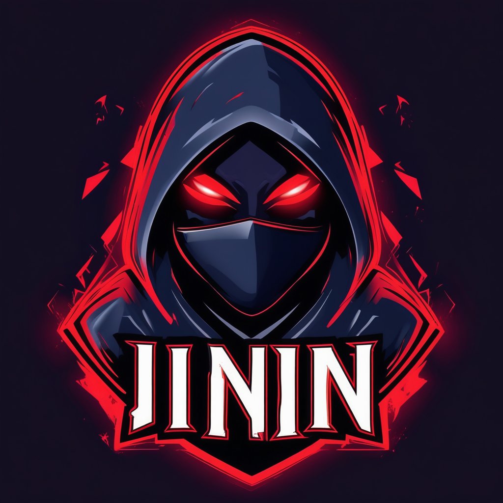 gaming logo design,  an image of a ninja with glowing red eyes and black hood on a black background, with the words "ninja" written on it