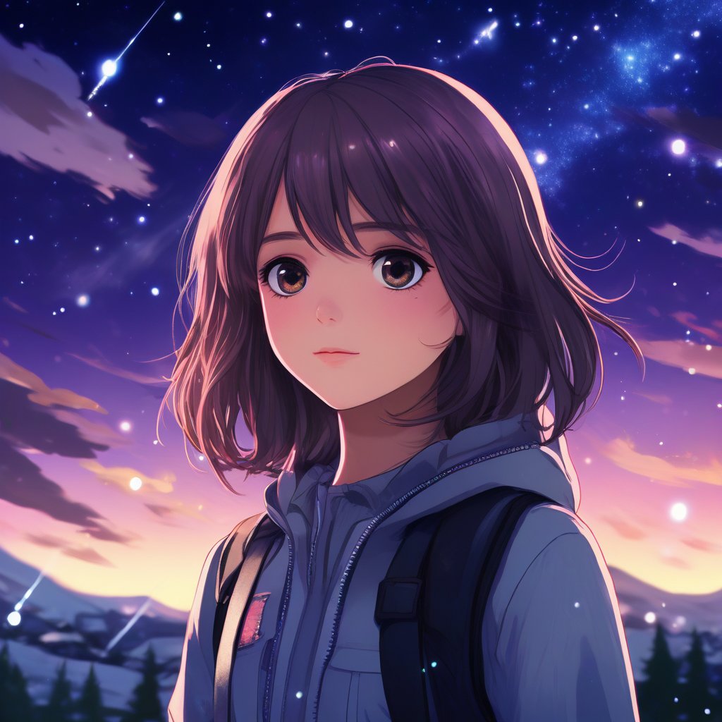 1girl, casual outfit, outdoors, looking at viewer, medium hair, close view,starry sky, sky, night,midjourney,anime