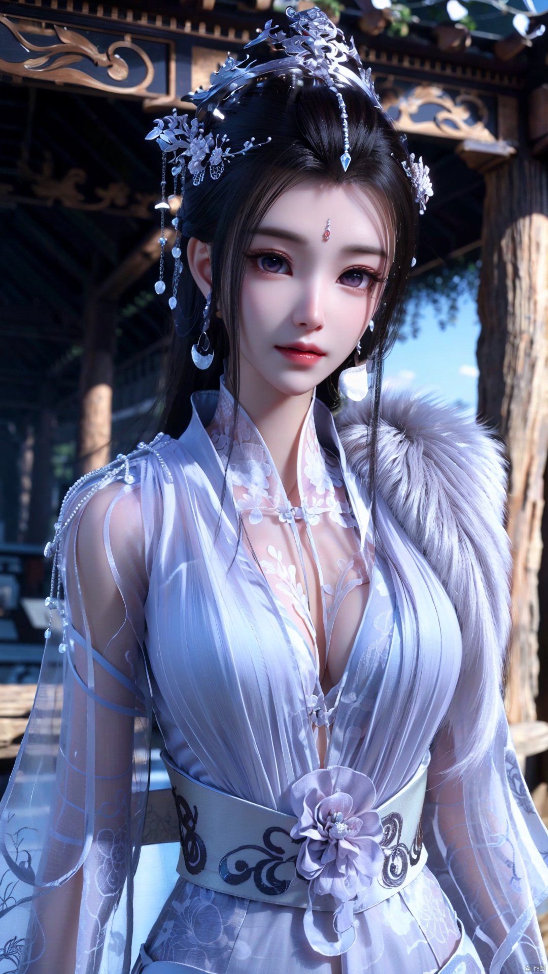 1girl, solo, dress, hair ornament, black hair, facial mark, forehead mark, jewelry, long hair, mischevious smile, perfect body, scenery, sharp focus, best quality, masterpiece, detailed outfit, illustration, perfect eyes, finely detailed beautiful anime eyes, realistic skin, intricate details, best lighting, depth of field, ultra high resolution,cowboy_shot, dynamic pose, dynamic angle,