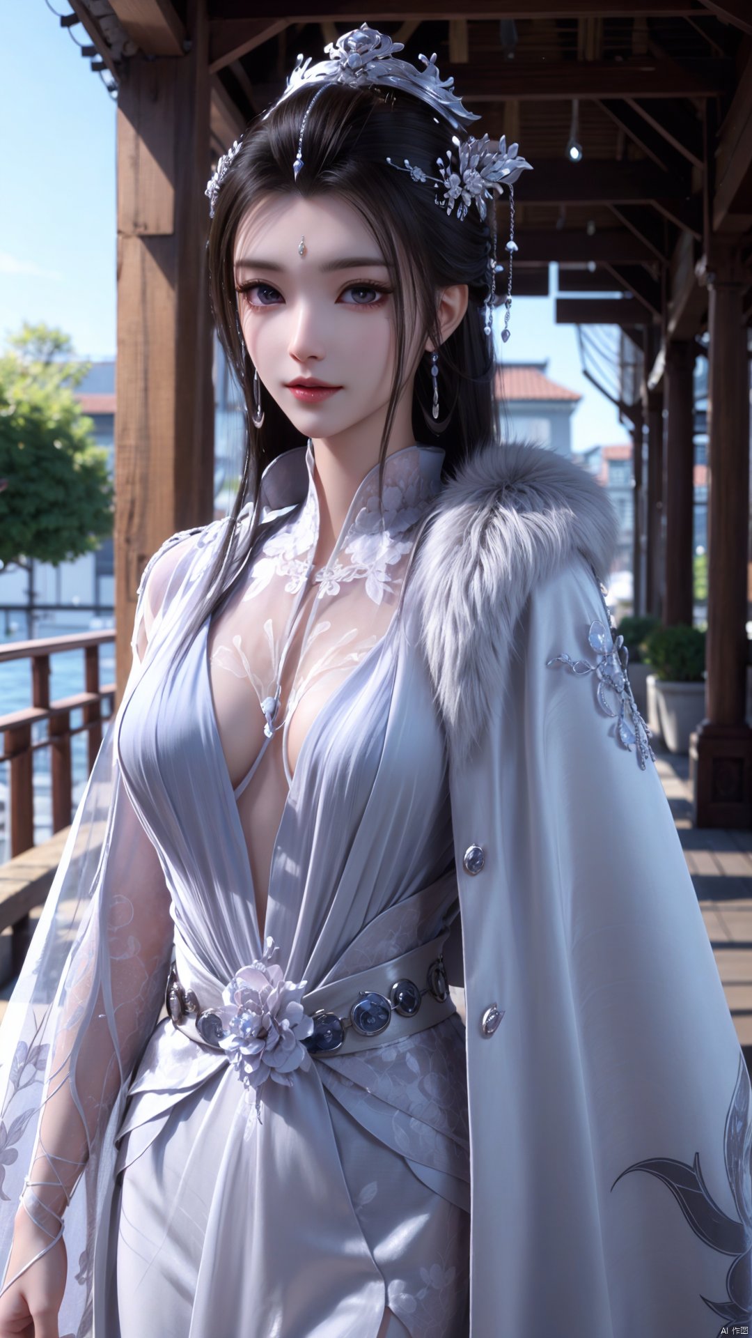 1girl, solo, dress, hair ornament, black hair, facial mark, forehead mark, jewelry, long hair, mischevious smile, perfect body, scenery, sharp focus, best quality, masterpiece, detailed outfit, illustration, perfect eyes, finely detailed beautiful anime eyes, realistic skin, intricate details, best lighting, depth of field, ultra high resolution,cowboy_shot, dynamic pose, dynamic angle,