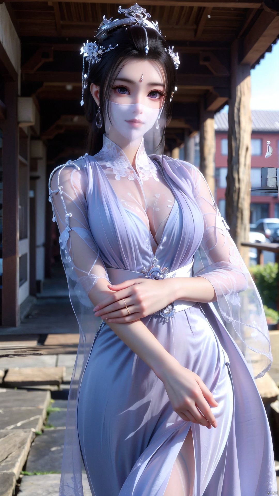 1girl, (veil:1.2), solo, jewelry, dress, hair ornament, forehead mark, looking at viewer, facial mark, perfect body, scenery, sharp focus, best quality, masterpiece, detailed outfit, illustration, perfect eyes, finely detailed beautiful anime eyes, realistic skin, intricate details, best lighting, depth of field, ultra high resolution,cowboy_shot, dynamic pose, dynamic angle,