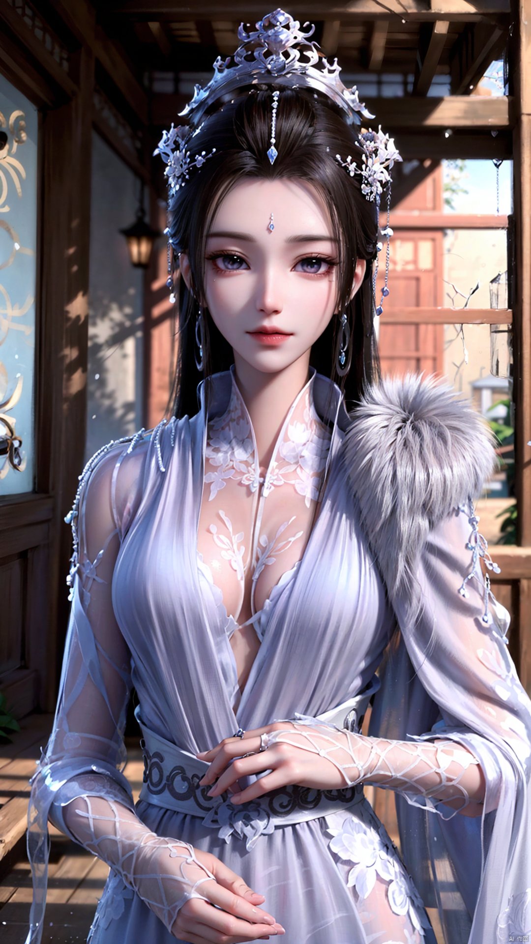 1girl, solo, dress, hair ornament, black hair, facial mark, forehead mark, jewelry, long hair, mischevious smile, perfect body, scenery, sharp focus, best quality, masterpiece, detailed outfit, illustration, perfect eyes, finely detailed beautiful anime eyes, realistic skin, intricate details, best lighting, depth of field, ultra high resolution,cowboy_shot, dynamic pose, dynamic angle,