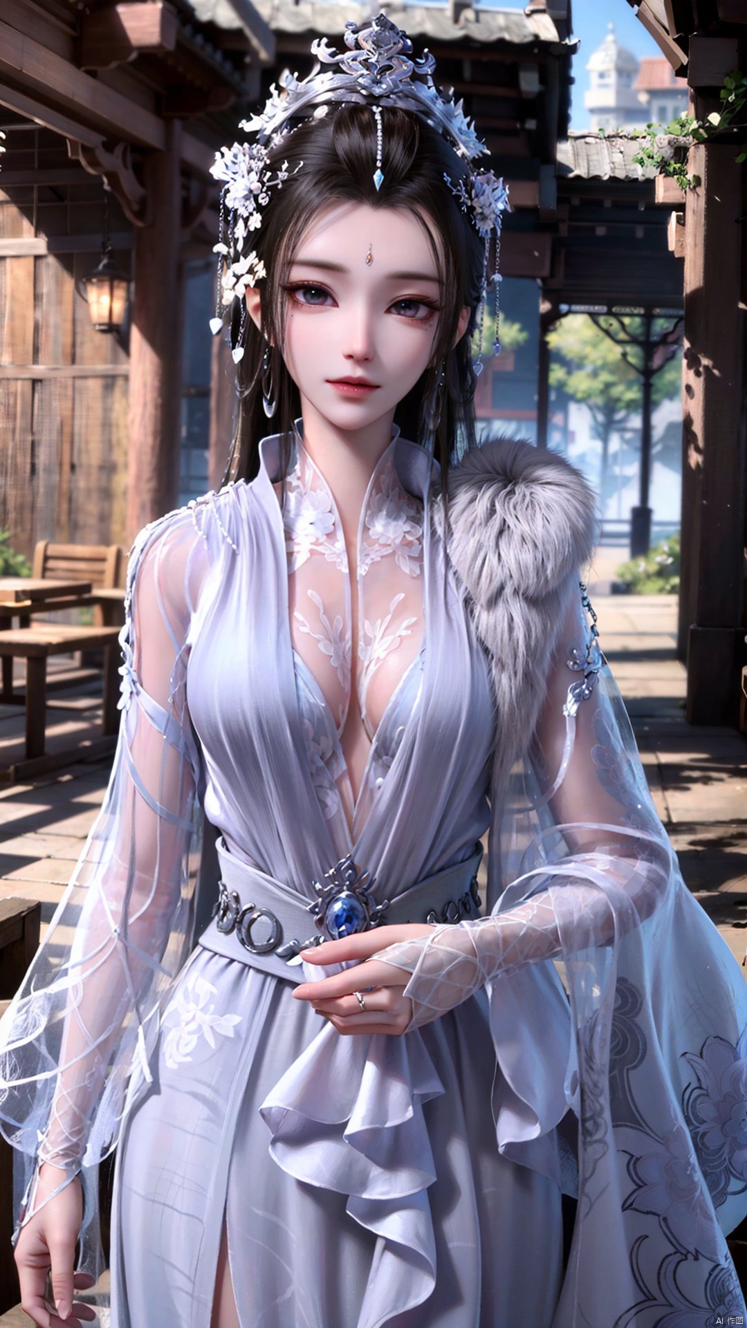 1girl, solo, dress, hair ornament, black hair, facial mark, forehead mark, jewelry, long hair, mischevious smile, perfect body, scenery, sharp focus, best quality, masterpiece, detailed outfit, illustration, perfect eyes, finely detailed beautiful anime eyes, realistic skin, intricate details, best lighting, depth of field, ultra high resolution,cowboy_shot, dynamic pose, dynamic angle,